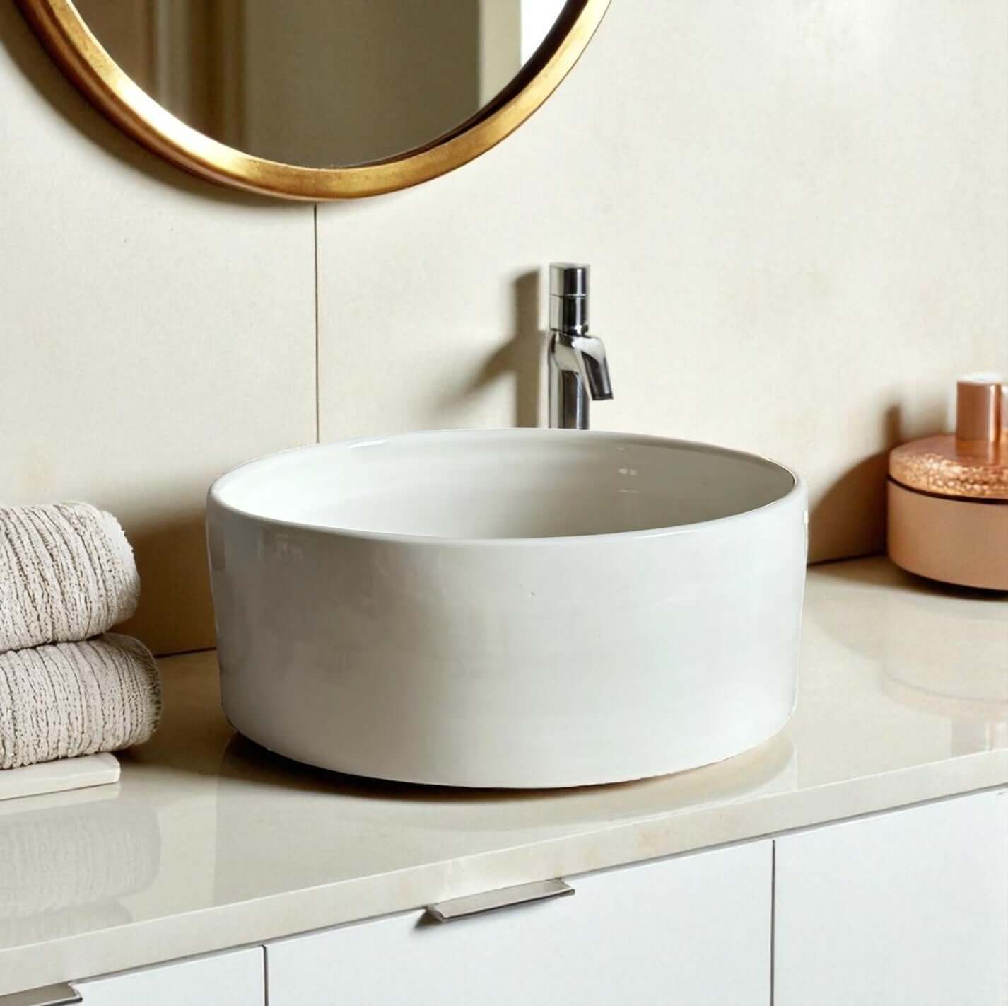 White Ceramic Vessel Sink made from 12″ × 9″ × 6″