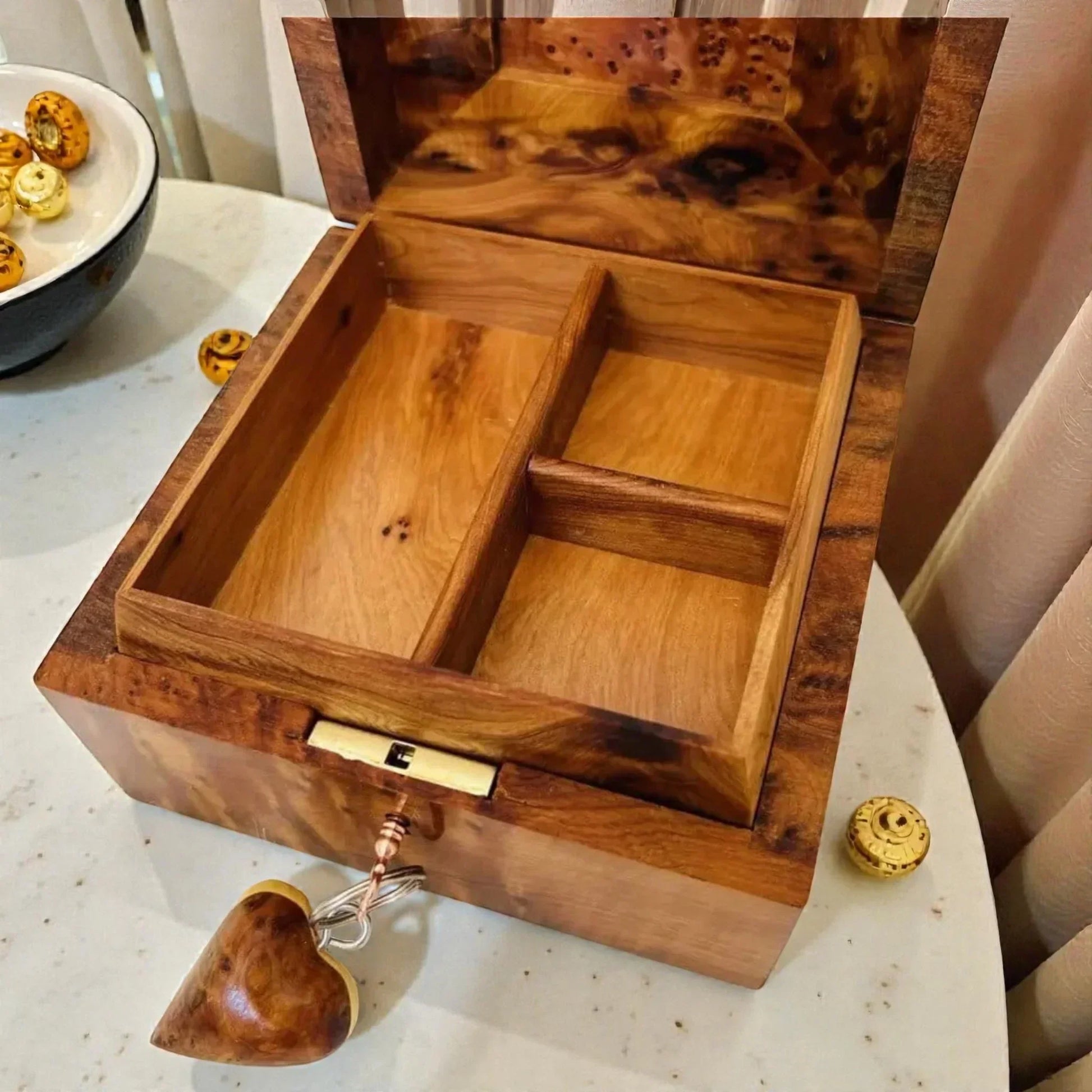Square Wooden Box – Handmade Thuya Jewelry and Keepsake Organizer with compartments and heart-shaped knob.