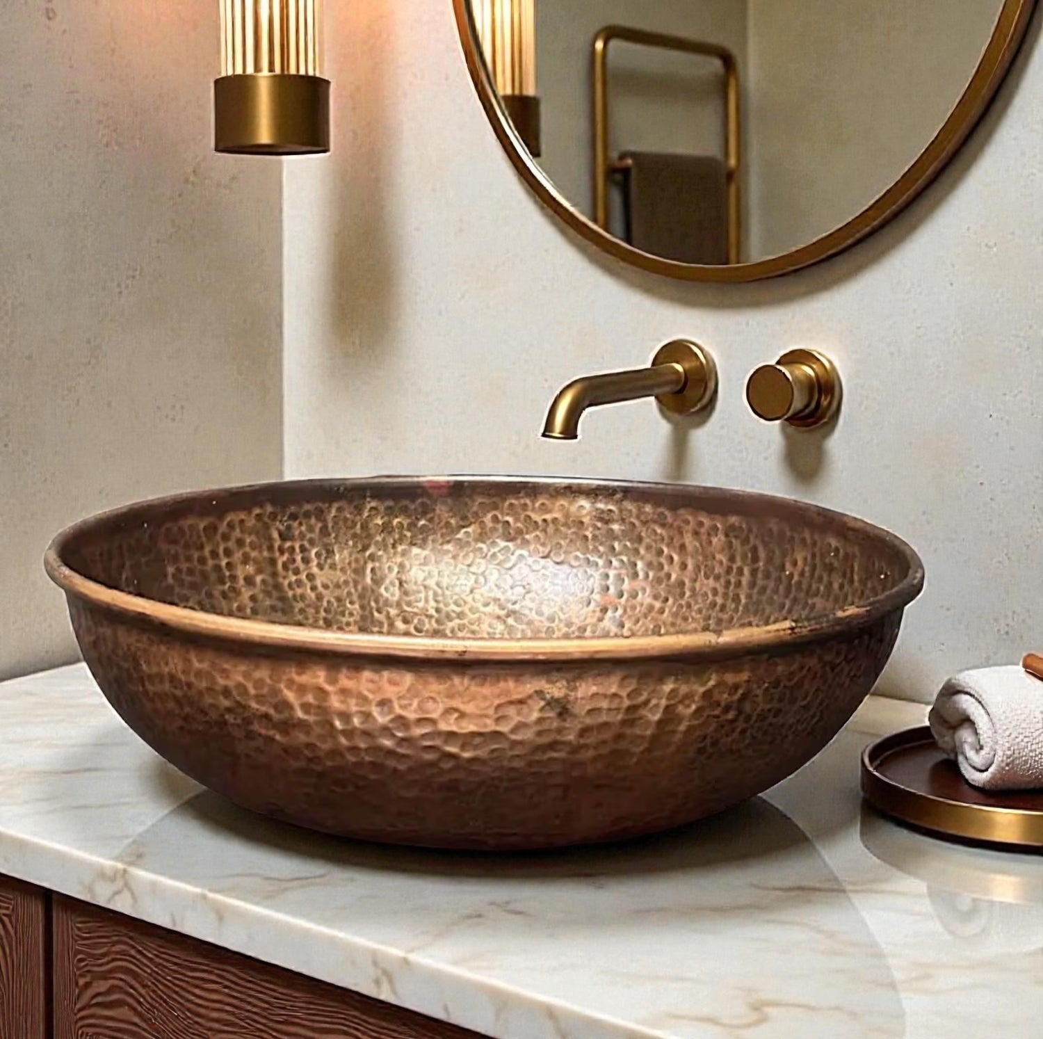 Hammered copper vessel sink handmade from solid copper with artisan hammered texture