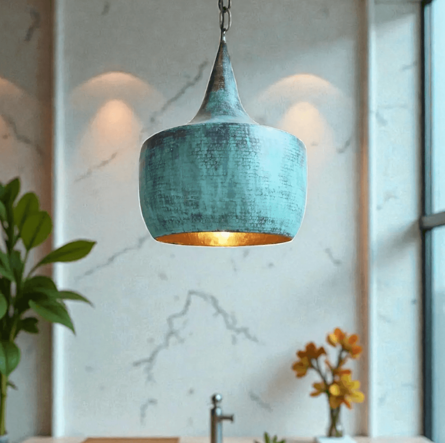Green Patina Copper Cone Pendant Light illuminating a stylish kitchen space with plants and flowers.