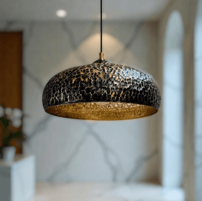 Hammered Dark Patina Copper UFO Pendant Light hanging in a modern interior setting.