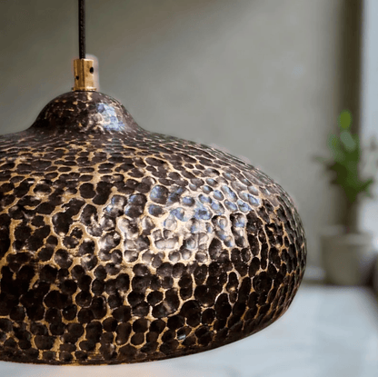 Hammered Dark Patina Copper UFO Pendant Light showcasing unique textured finish and modern design.