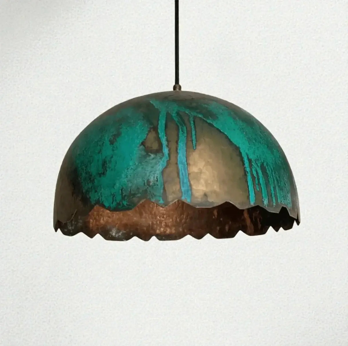 Green patina scalloped copper dome pendant light