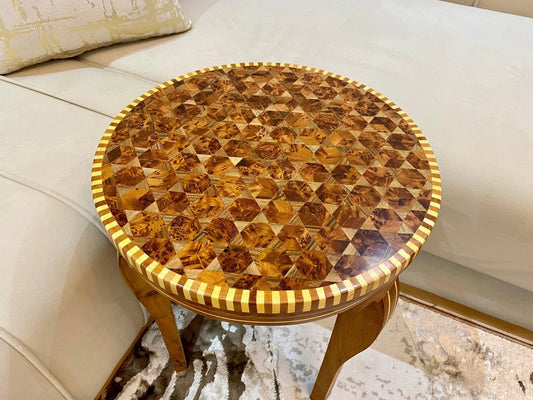 Hexagonal Thuya Wood Mosaic Table – Lemon & Walnut Inlay Coffee Table - AtlasMuseCrafts