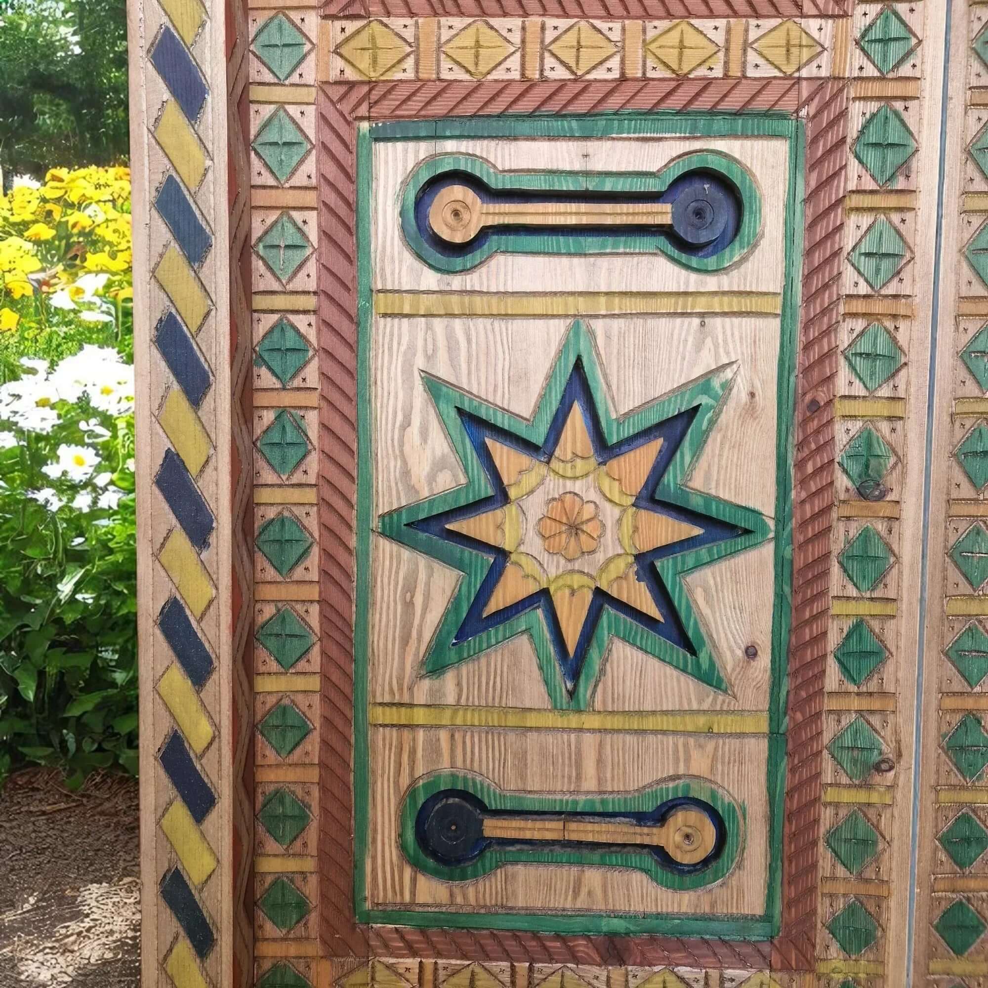 Colorful Marrakech-style entry door with hand-painted finish