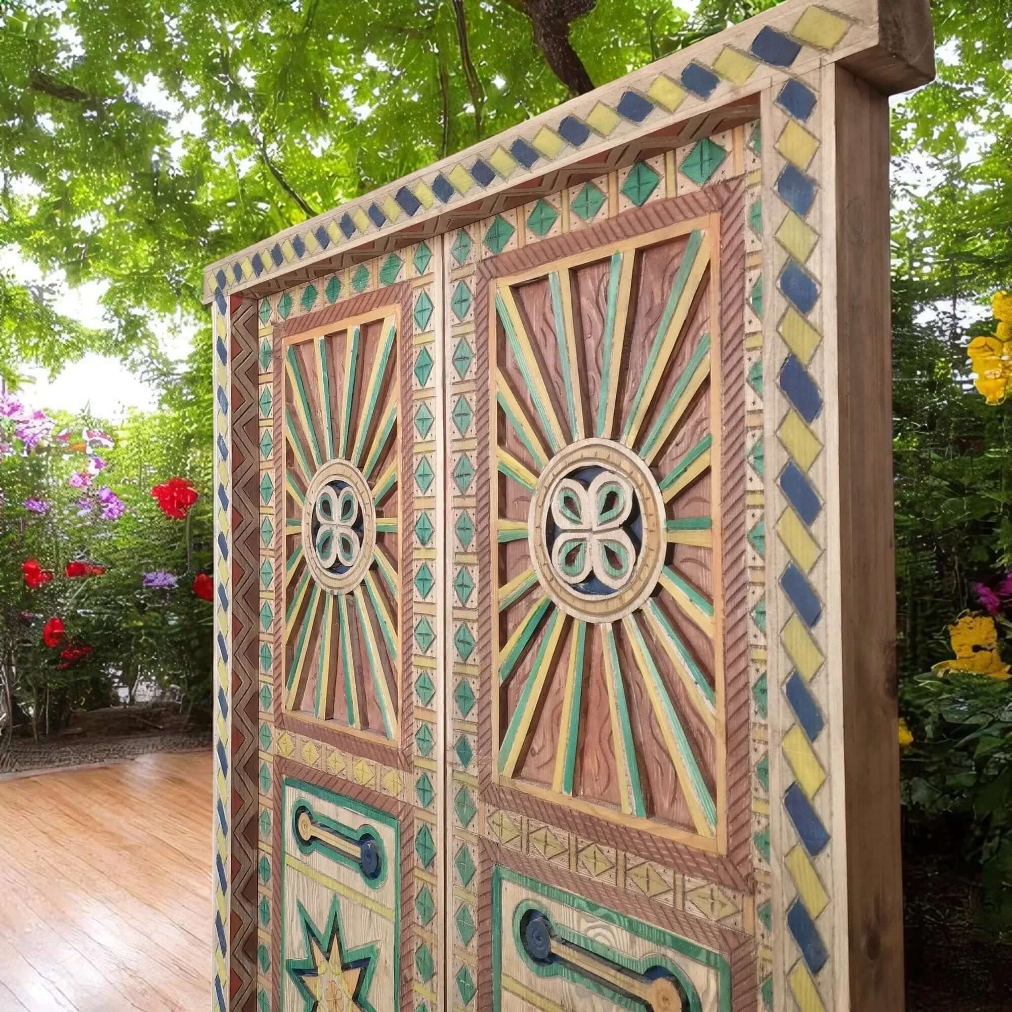 Vibrant hand-painted entry door — close detail of pigment work