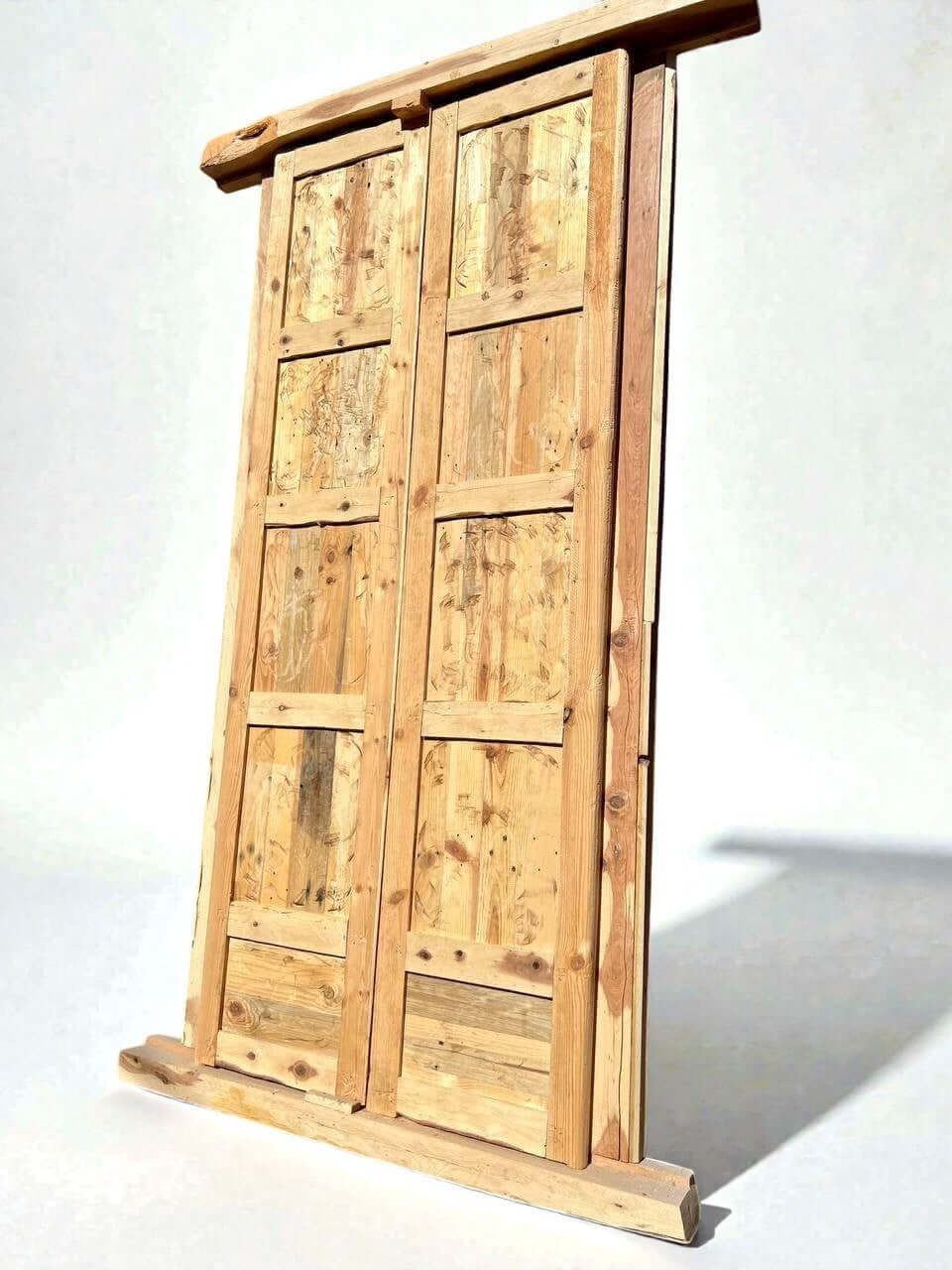 AtlasMuseCrafts antique double wooden doors with Moorish carving, natural wood finish, grand entry style.