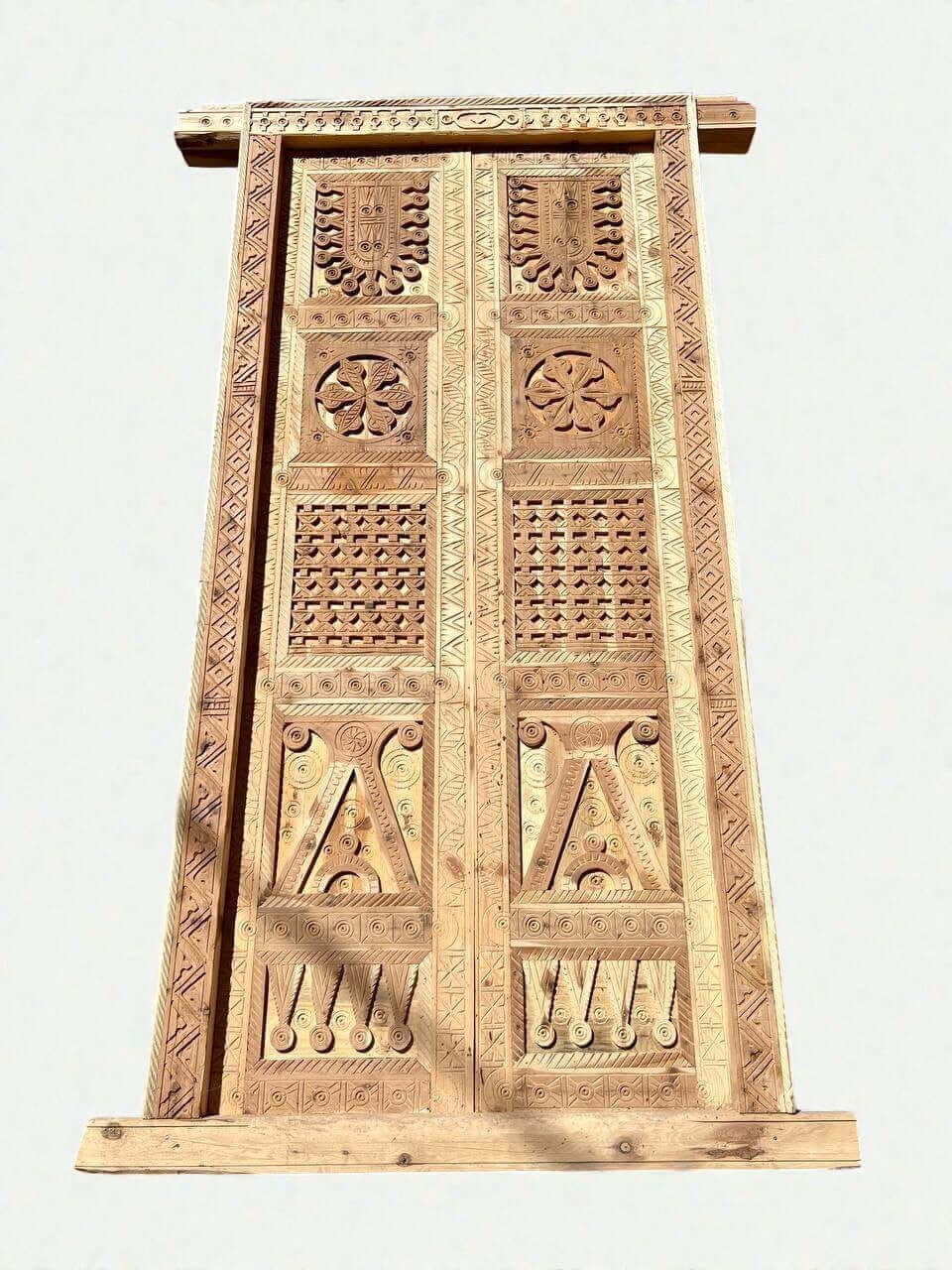 AtlasMuseCrafts antique double wooden door with intricate Moorish hand-carving and natural finish.
