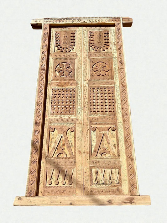 AtlasMuseCrafts antique double wooden door with intricate Moorish hand-carving and natural finish.