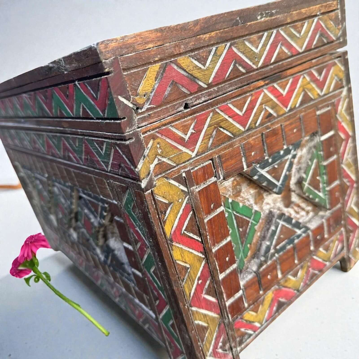 AtlasMuseCrafts handmade wooden cabinet with colorful Berber carvings, rustic boho style, perfect for storage.