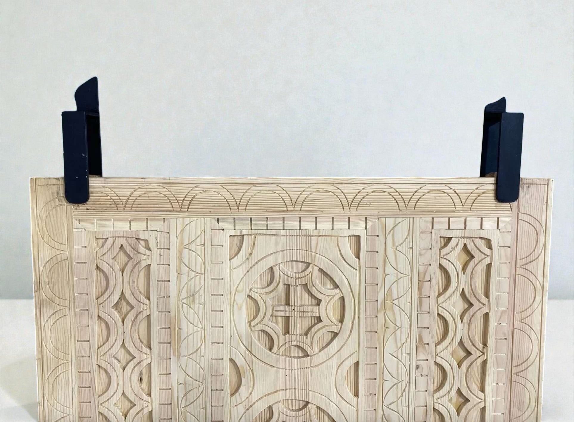 AtlasMuseCrafts natural wood vintage Moroccan door with intricate hand-carved geometric patterns and arabesque motifs.
