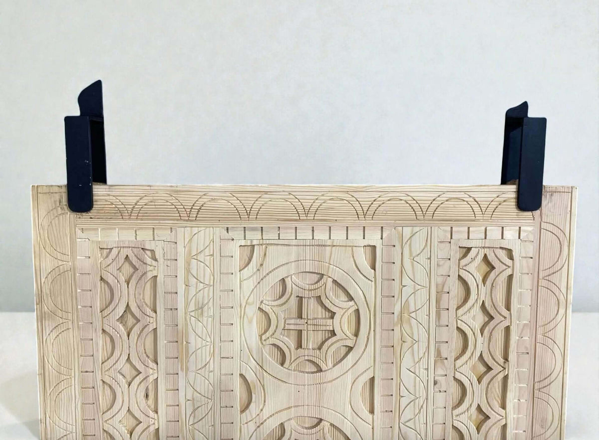 AtlasMuseCrafts natural wood vintage Moroccan door with intricate hand-carved geometric patterns and arabesque motifs.