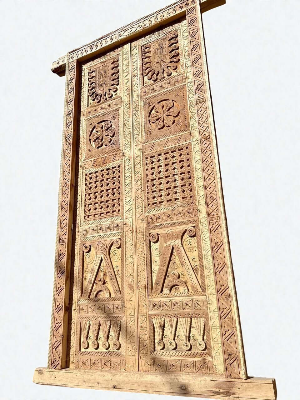 AtlasMuseCrafts antique Moroccan double door, natural wood with intricate Moorish hand-carving, geometric patterns, and arabesque designs.