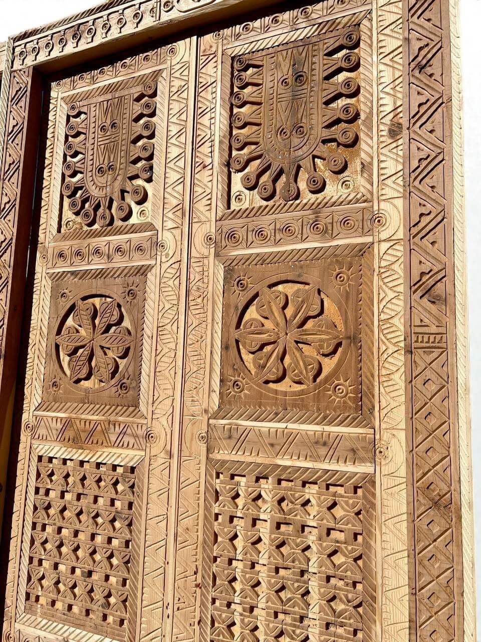 AtlasMuseCrafts antique Moroccan double door, natural wood with intricate Moorish hand-carving and geometric patterns.