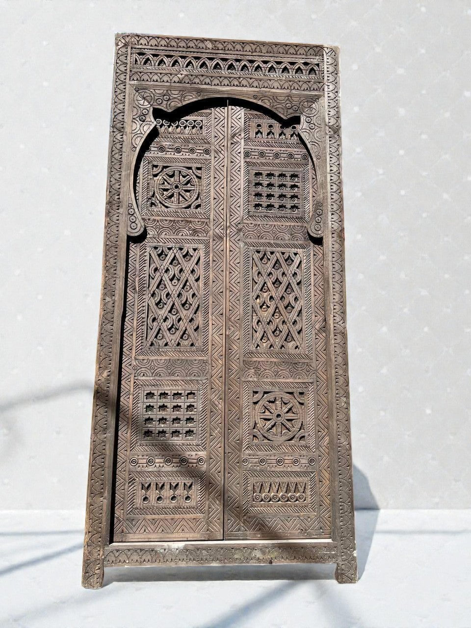 AtlasMuseCrafts vintage Moroccan double door, natural wood with intricate Moorish hand-carving and geometric patterns.