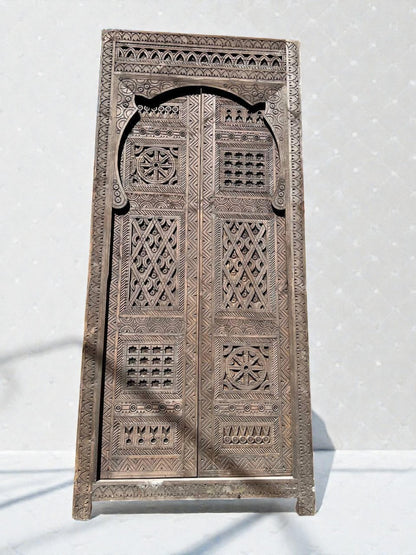 AtlasMuseCrafts vintage Moroccan double door, natural wood with intricate Moorish hand-carving and geometric patterns.
