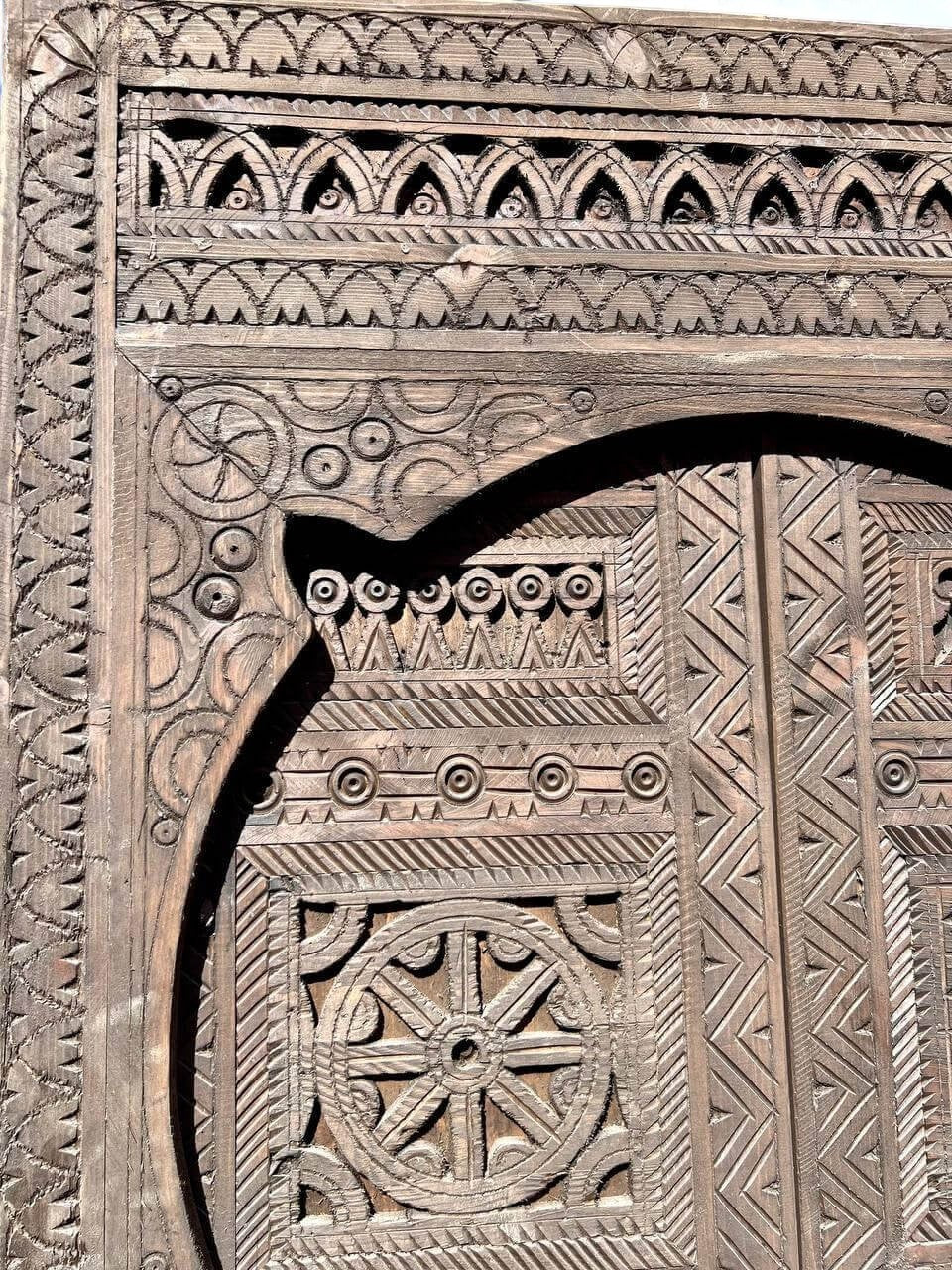 AtlasMuseCrafts vintage Moroccan double door, natural wood with intricate Moorish hand-carving, geometric patterns, and traditional patina.