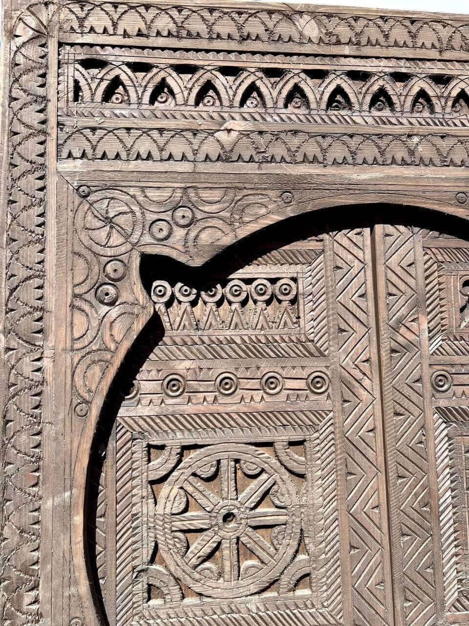 AtlasMuseCrafts vintage Moroccan double door, natural wood with intricate Moorish hand-carving, geometric patterns, and traditional patina.