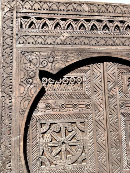 AtlasMuseCrafts vintage Moroccan double door, natural wood with intricate Moorish hand-carving, geometric patterns, and traditional patina.