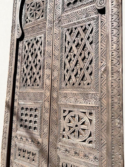 AtlasMuseCrafts vintage Moroccan double doors, natural wood with intricate Moorish hand-carving, geometric patterns, and a rustic finish.