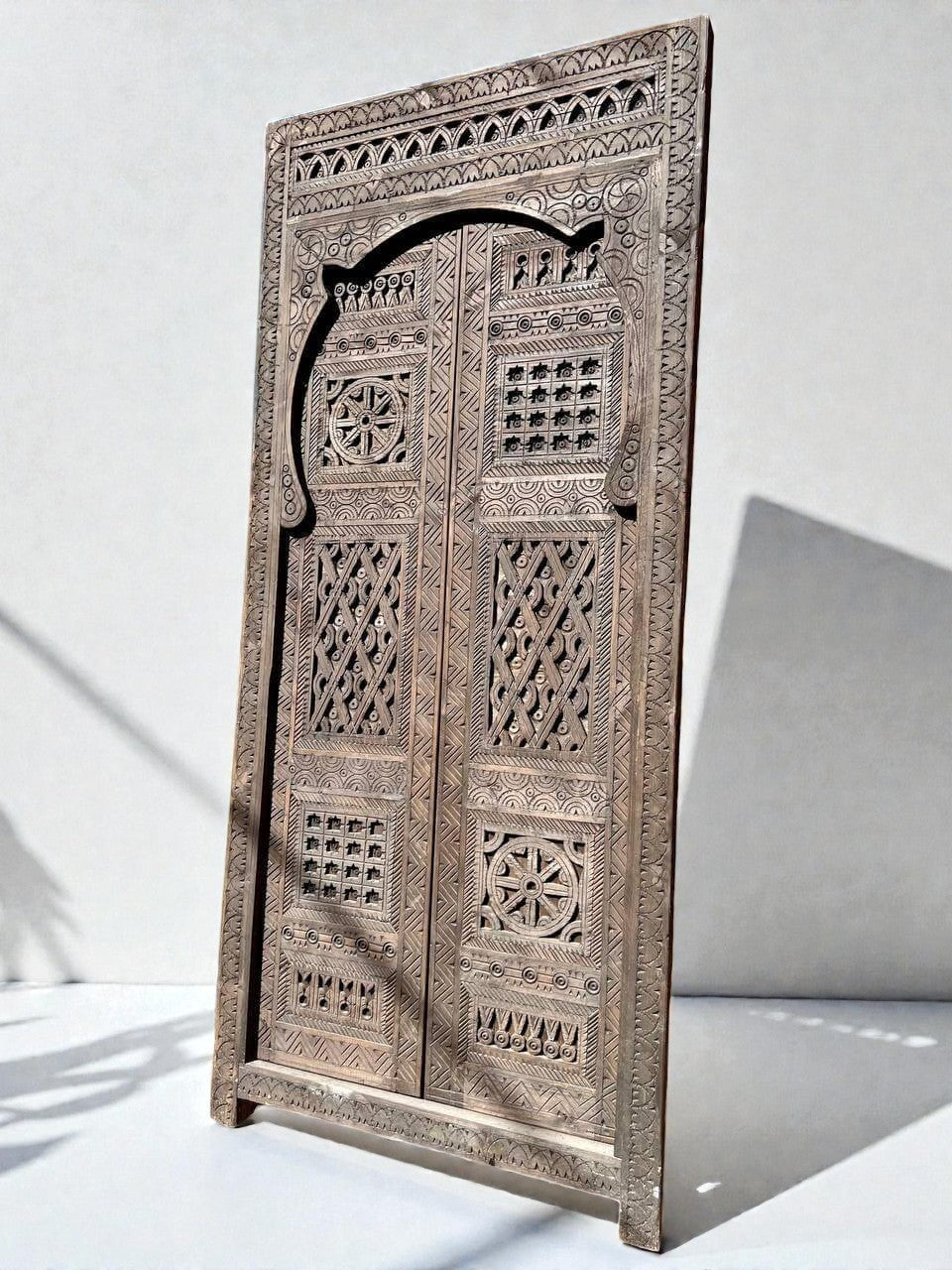 AtlasMuseCrafts vintage Moroccan double door, natural wood with intricate Moorish hand-carving and geometric patterns.