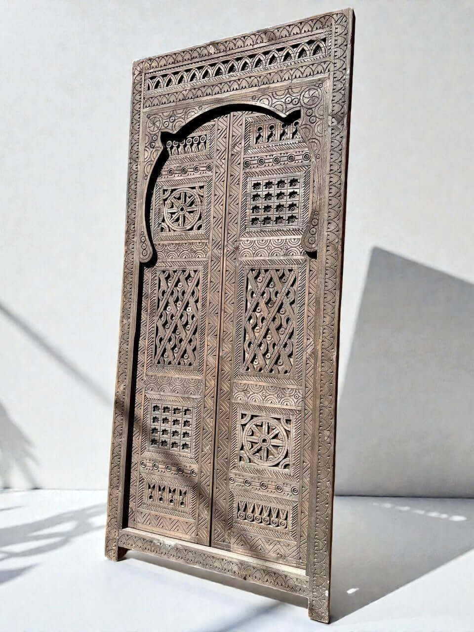 AtlasMuseCrafts vintage Moroccan double door, natural wood with intricate Moorish hand-carving and geometric patterns.