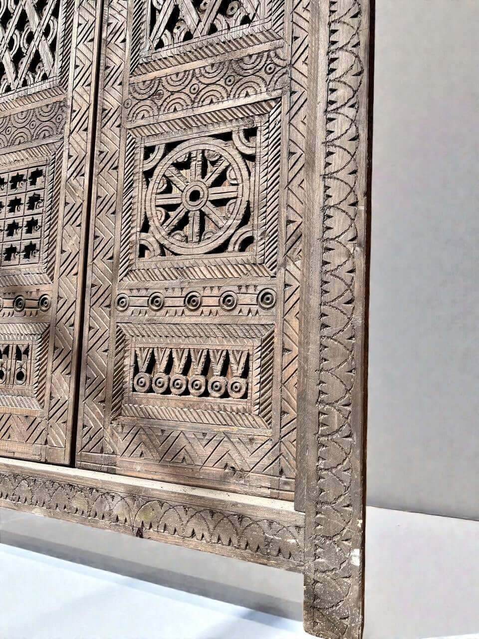 AtlasMuseCrafts vintage Moroccan double door, natural wood with intricate Moorish hand-carving and geometric patterns.