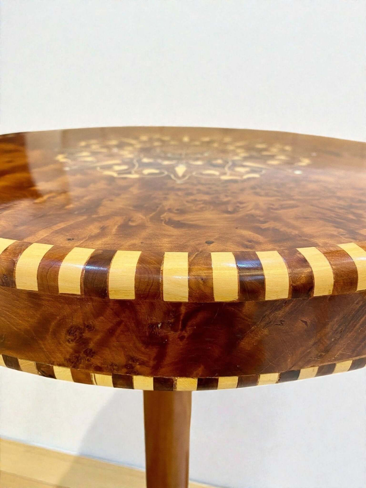 Moroccan mosaic coffee table with Thuya wood inlay and striped border