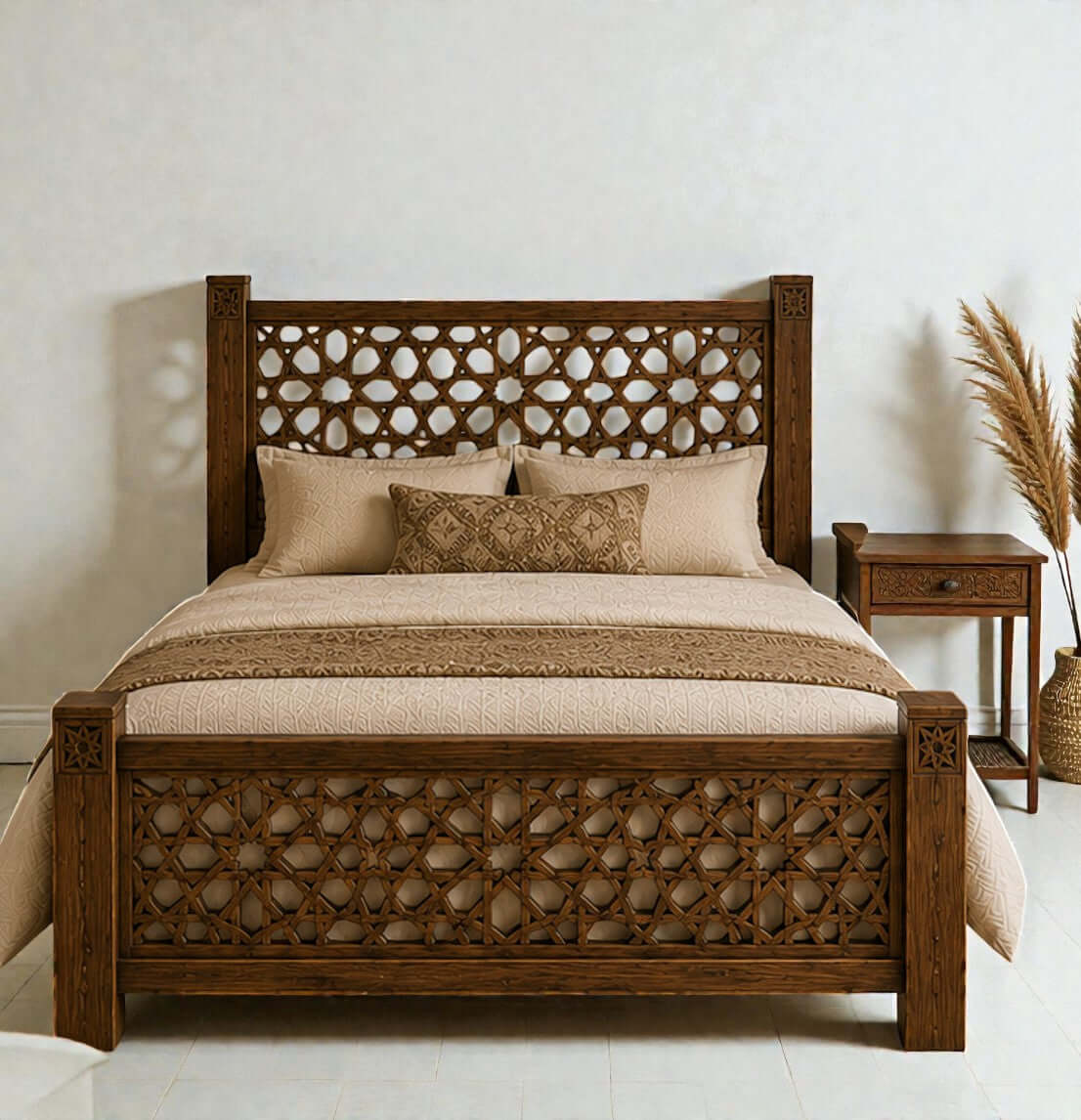 Solid wood bed frame with hand-carved Moroccan headboard and footboard