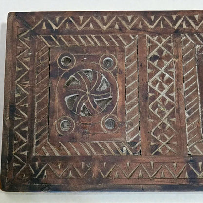 AtlasMuseCrafts Moroccan wooden cabinet with intricate hand-carved Berber patterns and rustic boho design. Features a circular motif and geometric borders.