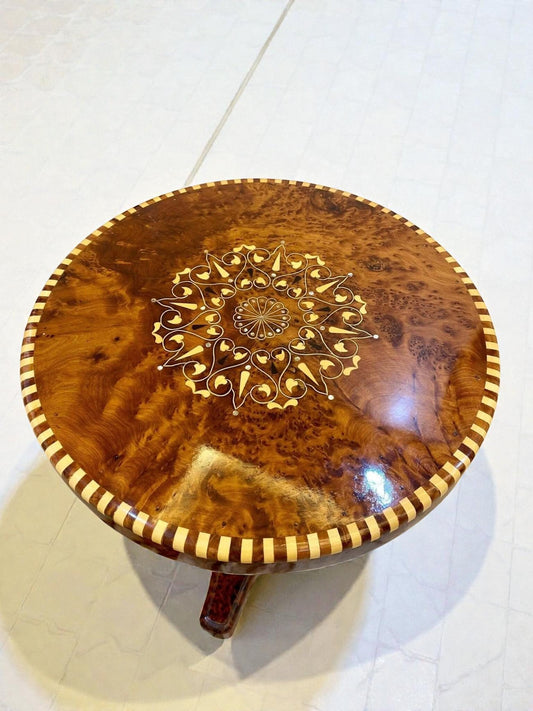 AtlasMuseCrafts handmade Thuya mosaic coffee table with intricate inlaid wood pattern and decorative border. Round accent table.