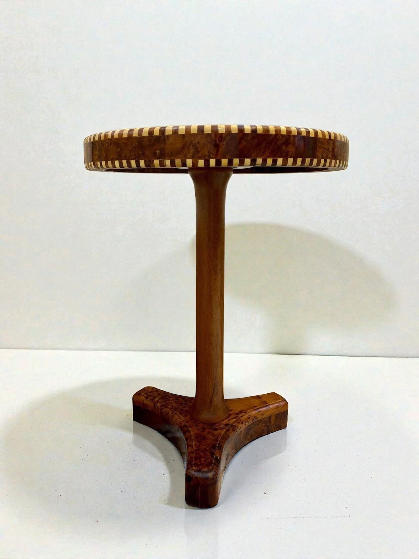 AtlasMuseCrafts handmade Thuya mosaic coffee table with decorative wood inlay and tripod base. Moroccan accent table.