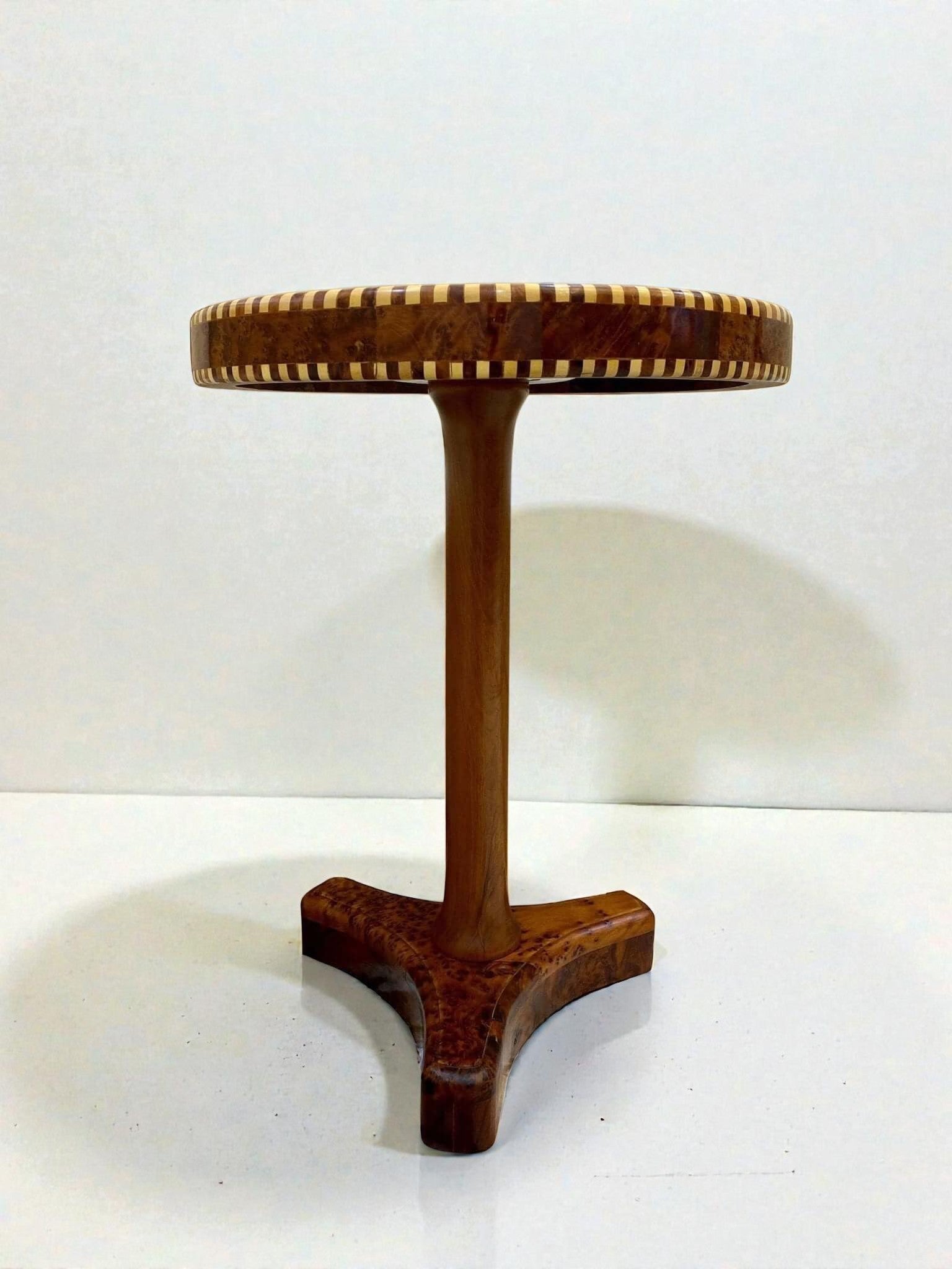 AtlasMuseCrafts handmade Thuya mosaic coffee table with decorative wood inlay and tripod base. Moroccan accent table.