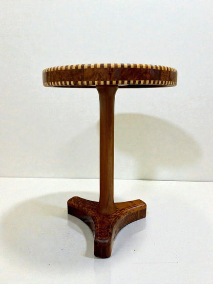 AtlasMuseCrafts handmade Thuya mosaic coffee table with decorative wood inlay and tripod base. Moroccan accent table.
