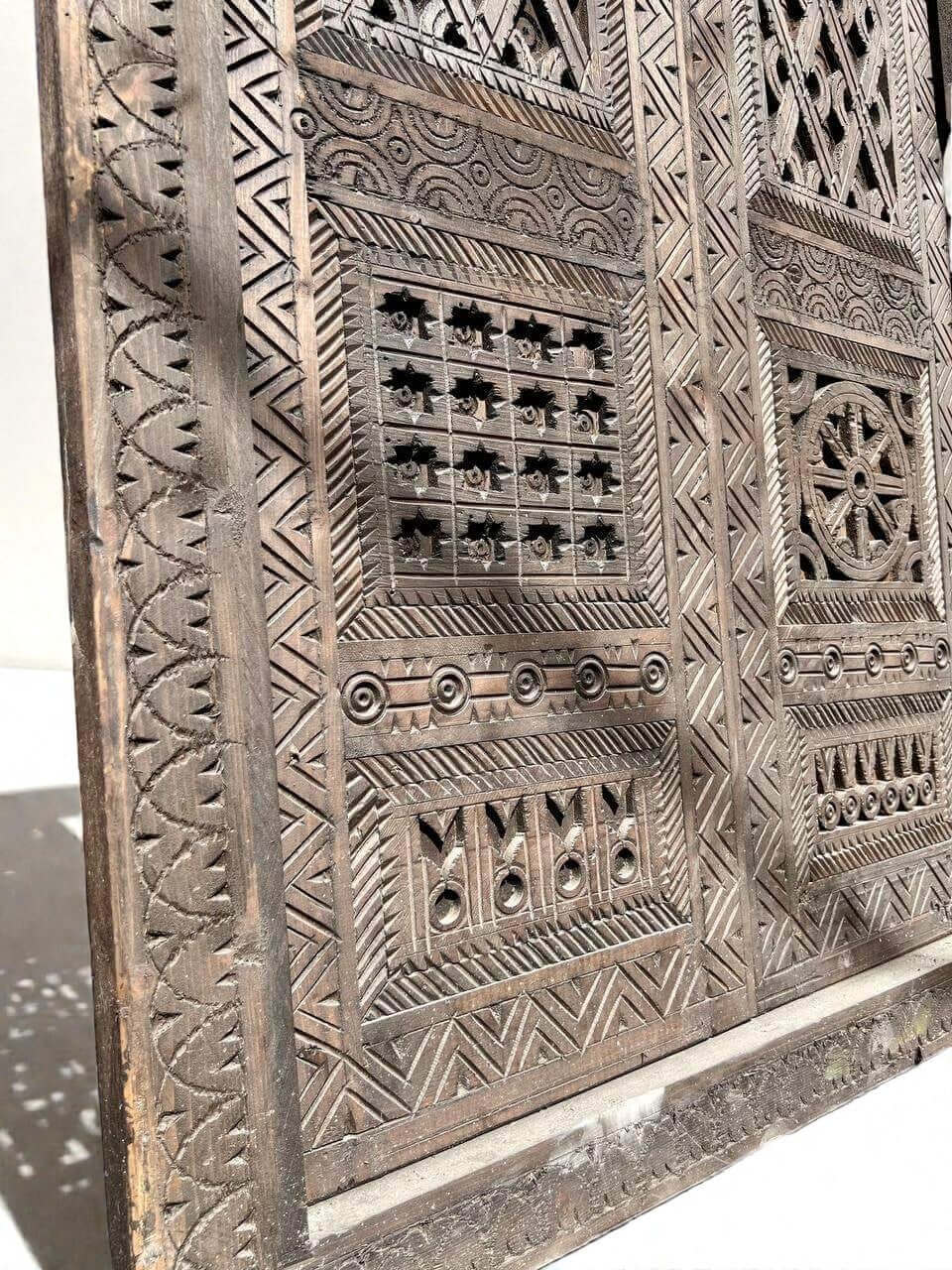 AtlasMuseCrafts vintage Moroccan double door, natural strong wood with intricate Moorish hand-carving and geometric patterns.