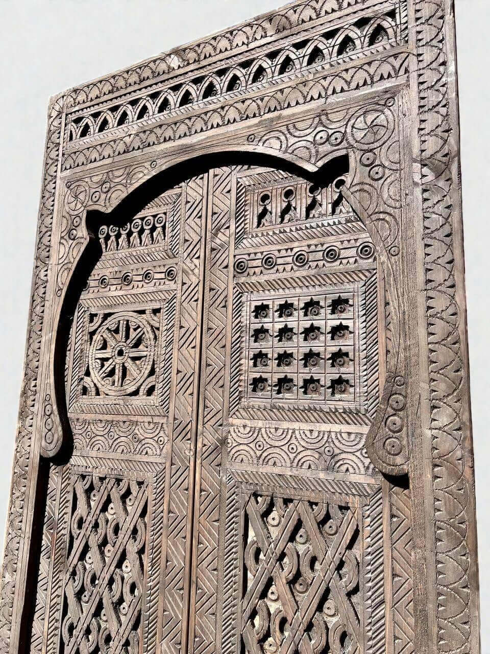 AtlasMuseCrafts vintage Moroccan double door, natural wood with intricate Moorish hand-carving and geometric patterns.