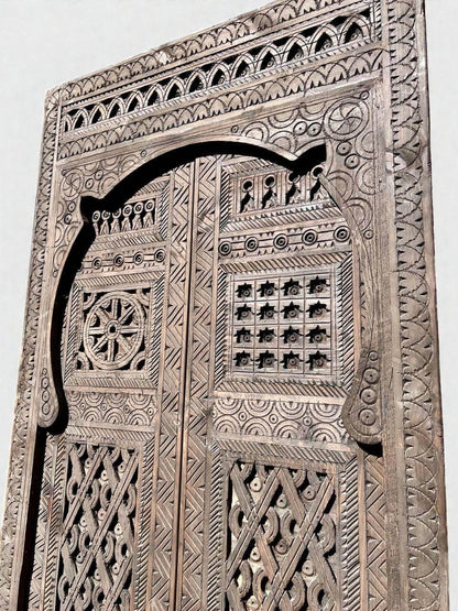 AtlasMuseCrafts vintage Moroccan double door, natural wood with intricate Moorish hand-carving and geometric patterns.