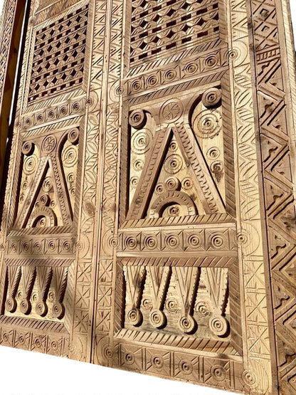 AtlasMuseCrafts antique double wood door with intricate Moorish hand-carving in natural wood finish.