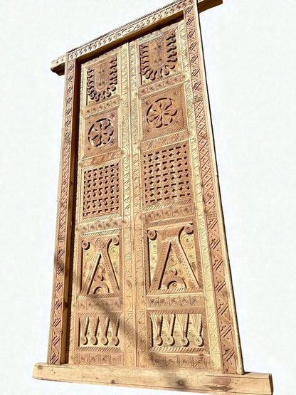 AtlasMuseCrafts antique double wooden door with intricate Moorish hand-carving in natural wood finish.