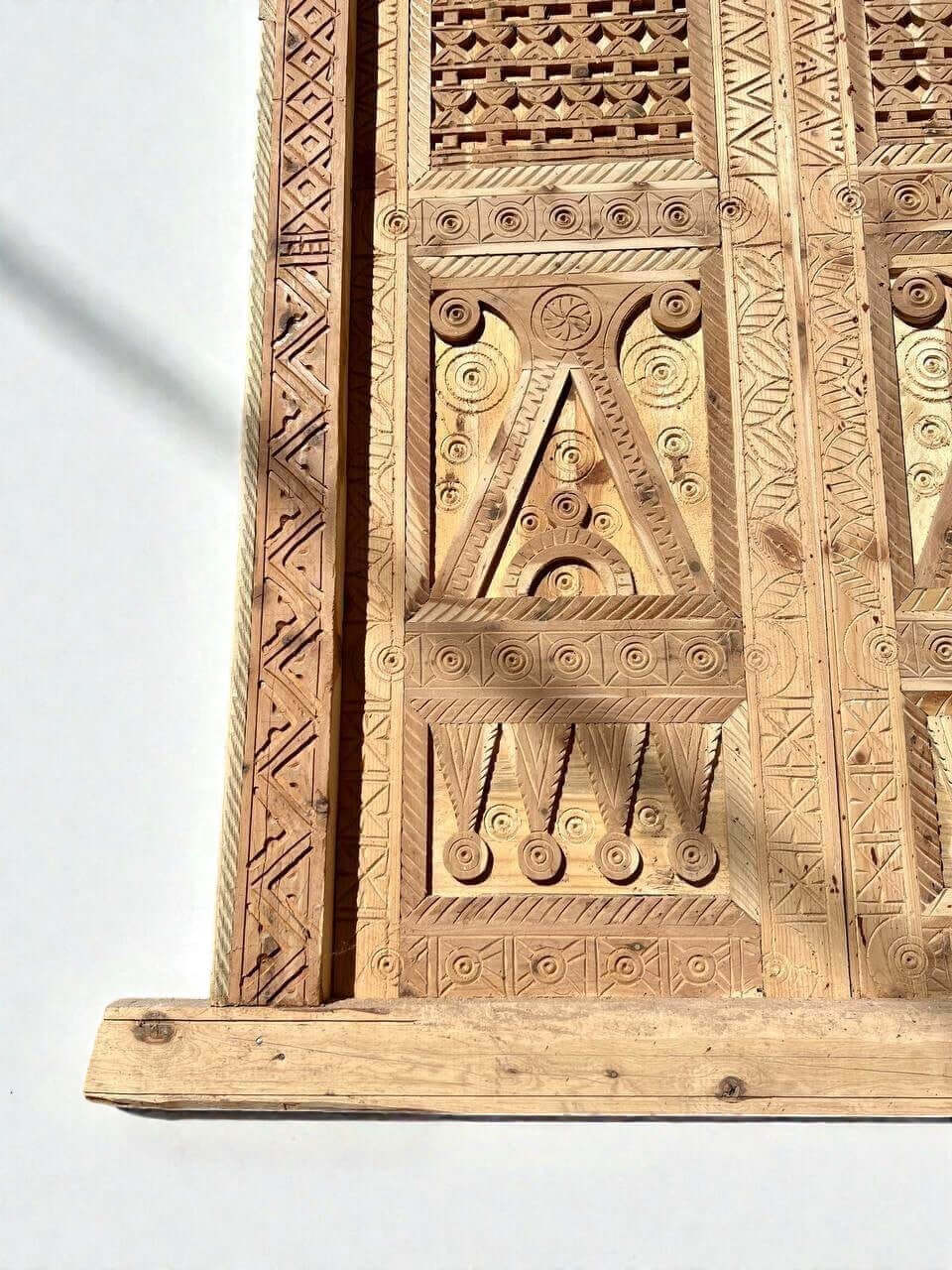 AtlasMuseCrafts antique double wood door with intricate Moorish hand-carving, geometric patterns, and natural finish.