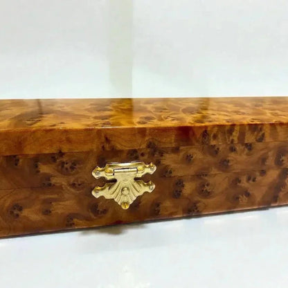 AtlasMuseCrafts elegant Thuya burl wood box with brass latch, ideal for display or storage.