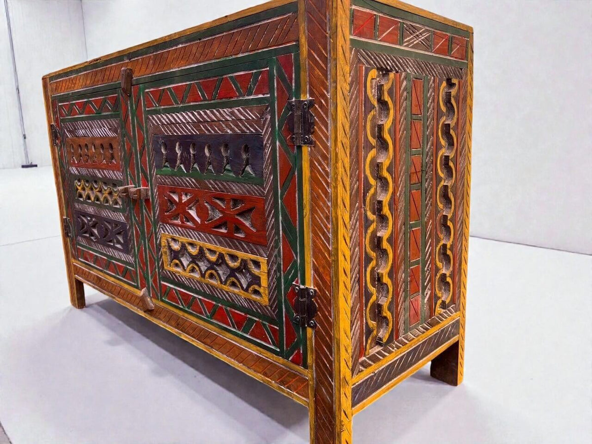 Solid wood cabinet with handmade Moroccan Berber carving