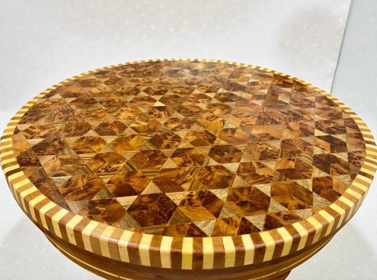 AtlasMuseCrafts handmade wooden coffee table with intricate geometric mosaic top in warm wood tones. Moroccan accent table.