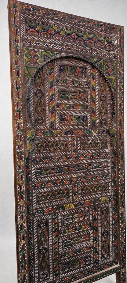 AtlasMuseCrafts Moroccan antique style door with intricate Moorish hand-carving in natural wood with colorful accents.