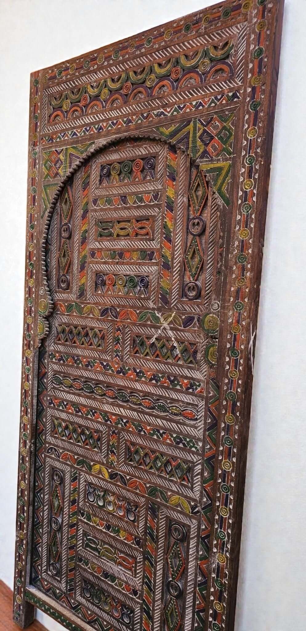 AtlasMuseCrafts Moroccan antique style door, natural wood with intricate Moorish hand-carving in geometric patterns and arabesques, accented with colorful paint.