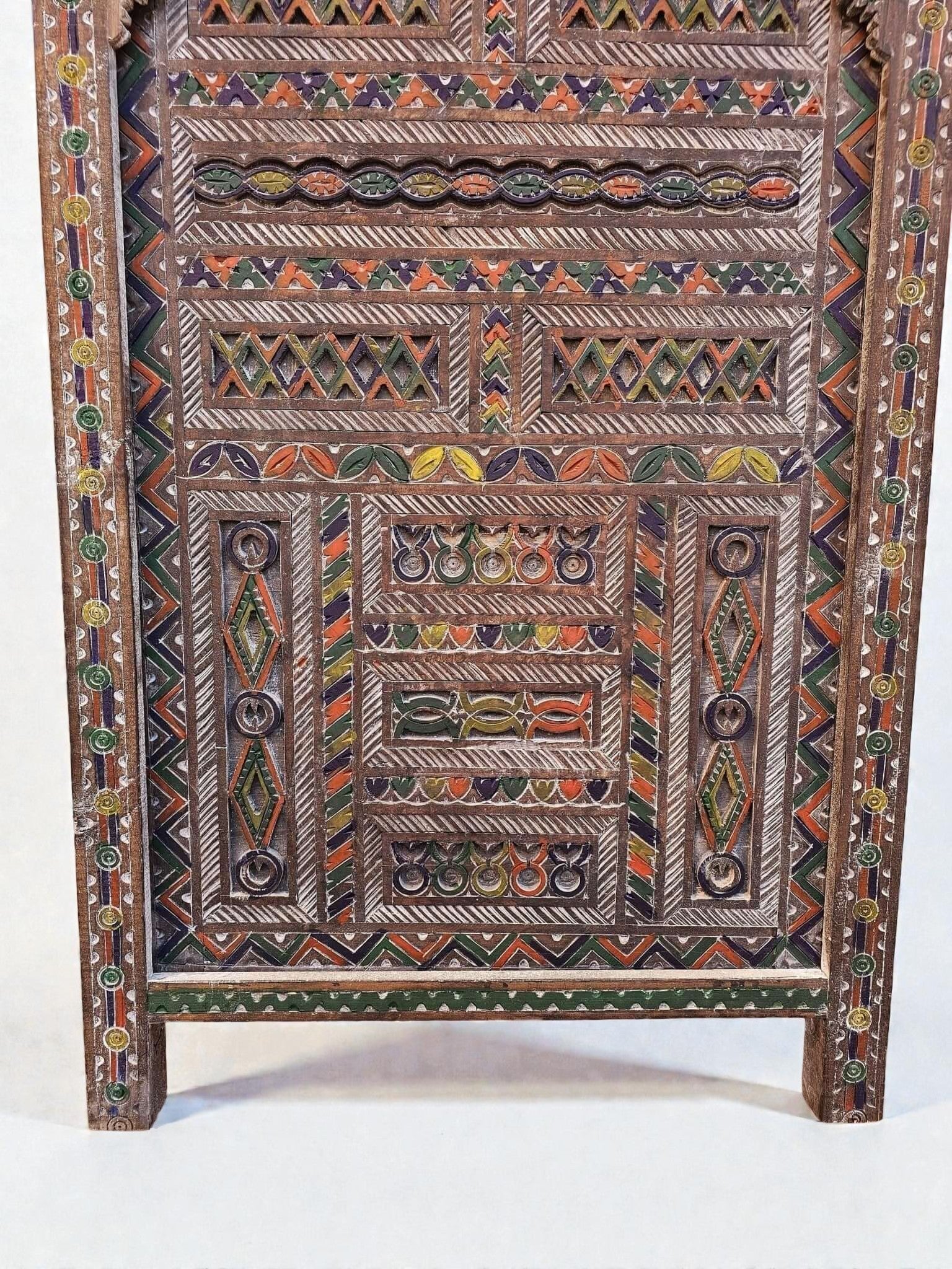 AtlasMuseCrafts Moroccan antique style door with intricate hand-carving in geometric and arabesque patterns, accented with colorful paint.