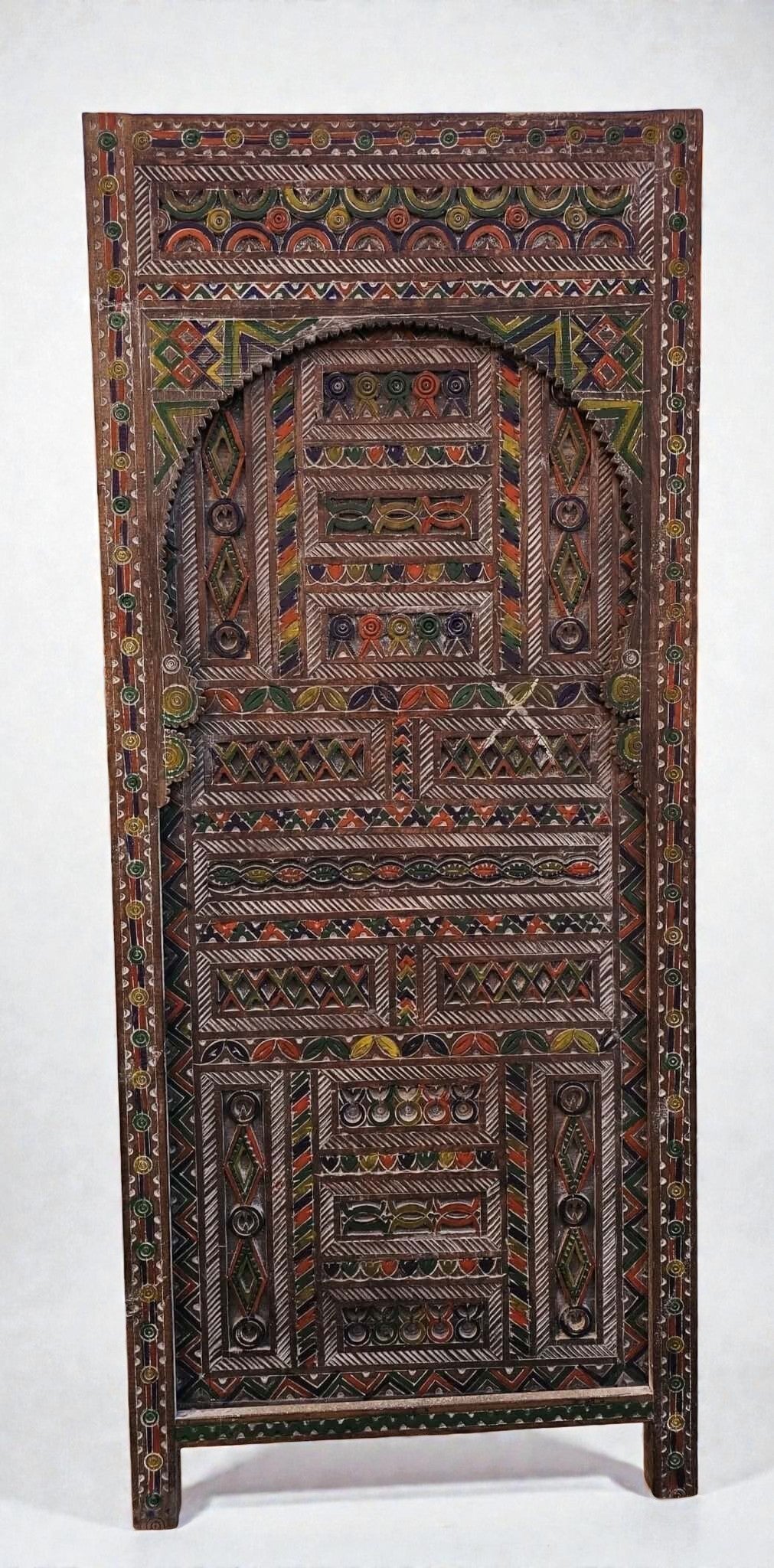 AtlasMuseCrafts Moroccan antique style door with intricate Moorish hand-carving in natural wood with colorful accents.