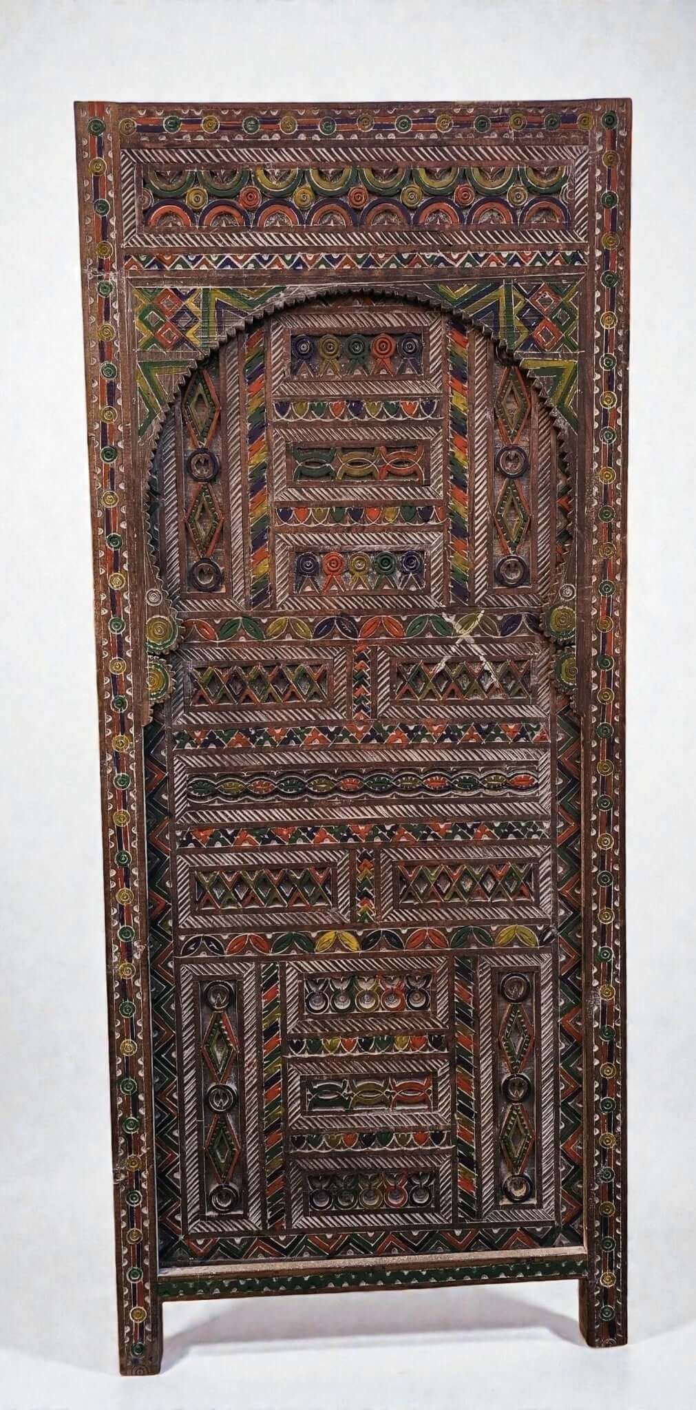 AtlasMuseCrafts Moroccan antique style door with intricate Moorish hand-carving in natural wood with colorful accents.
