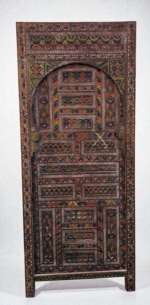 AtlasMuseCrafts Moroccan antique style door with intricate Moorish hand-carving in natural wood with colorful accents.