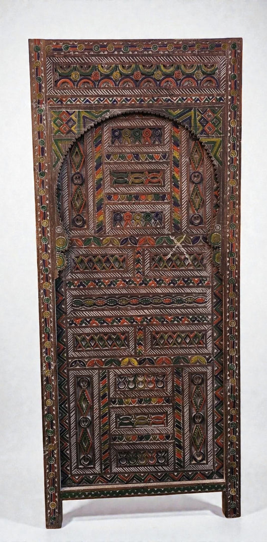 AtlasMuseCrafts Moroccan antique style door with intricate Moorish hand-carving in natural wood with colorful accents.